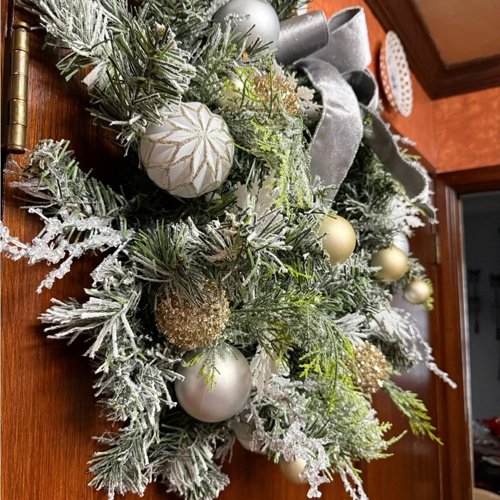 Elegant Silver and Gold Holiday frosted pine Wreath